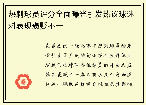 热刺球员评分全面曝光引发热议球迷对表现褒贬不一
